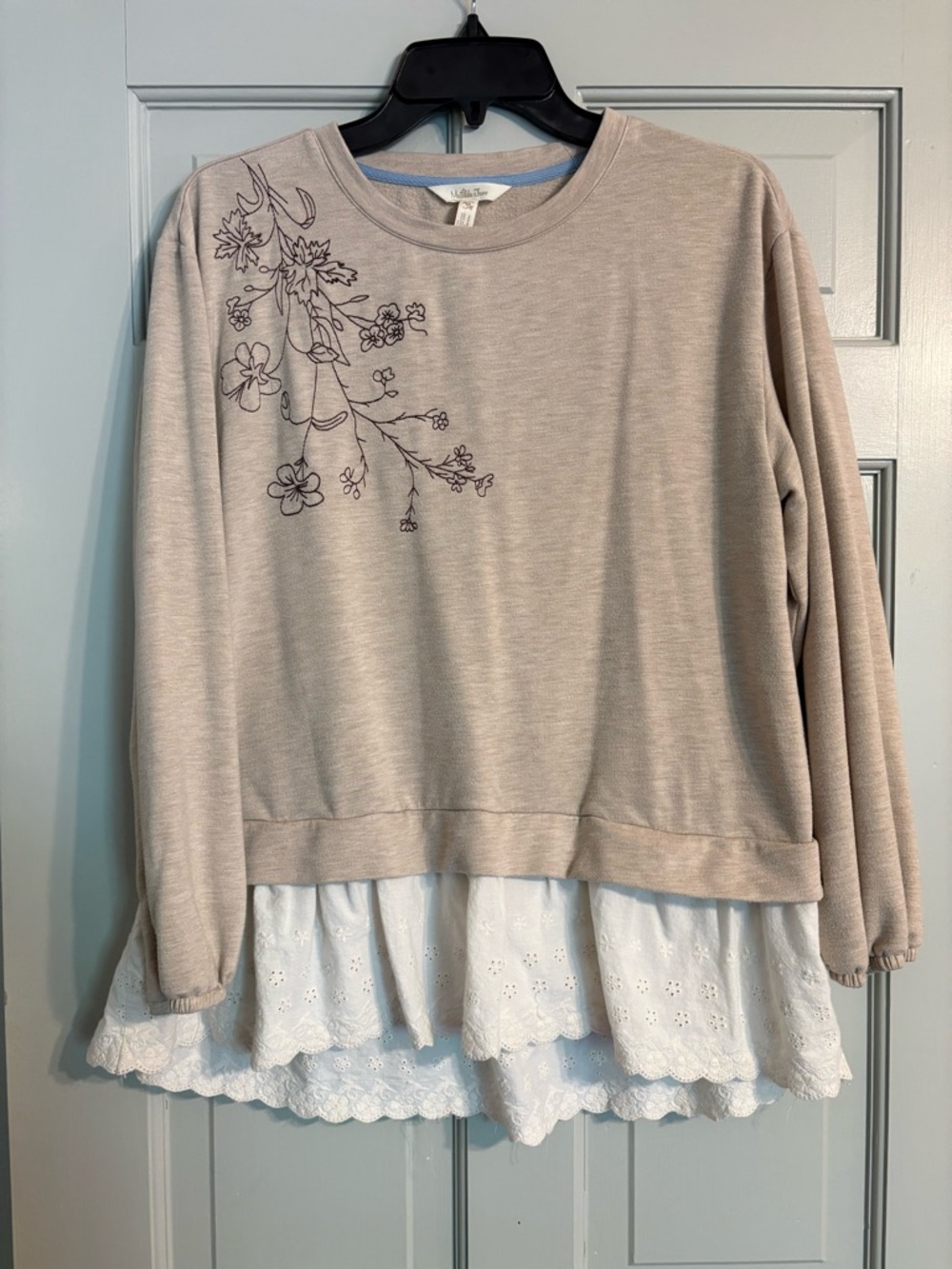 Matilda Jane M Beige Floral Long Sleeve Top with White Eyelet Ruffle